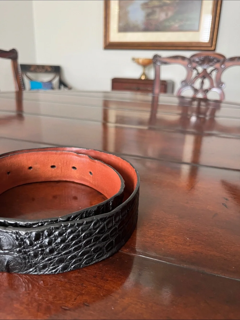 W. Kleinberg Black Croc-Embossed Leather Belt with Brown Interior